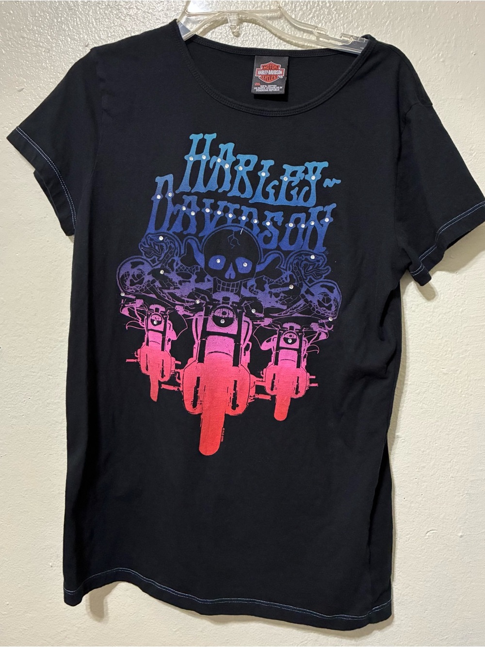 Harley-Davidson women’s Black Tee with Pink-to-Blue Motorcycle Graphic